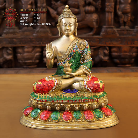 Brass Buddha seated in Blessing Posture, Stonework & Golden Finish, 13"