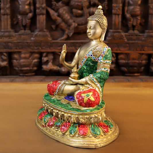 Brass Buddha seated in Blessing Posture, Stonework & Golden Finish, 13"