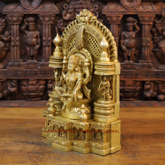 Brass Lakshmi Seated in Temple with Ganesh & Saraswati, Special Gold, 18.5"