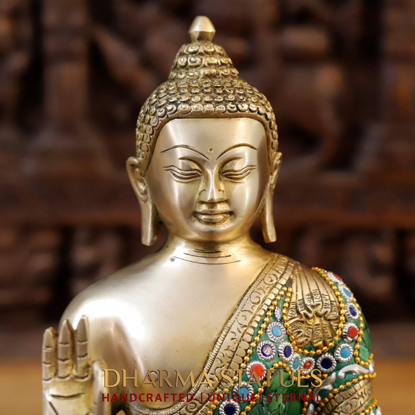 Brass Buddha seated in Blessing Posture, Stonework & Golden Finish, 13"