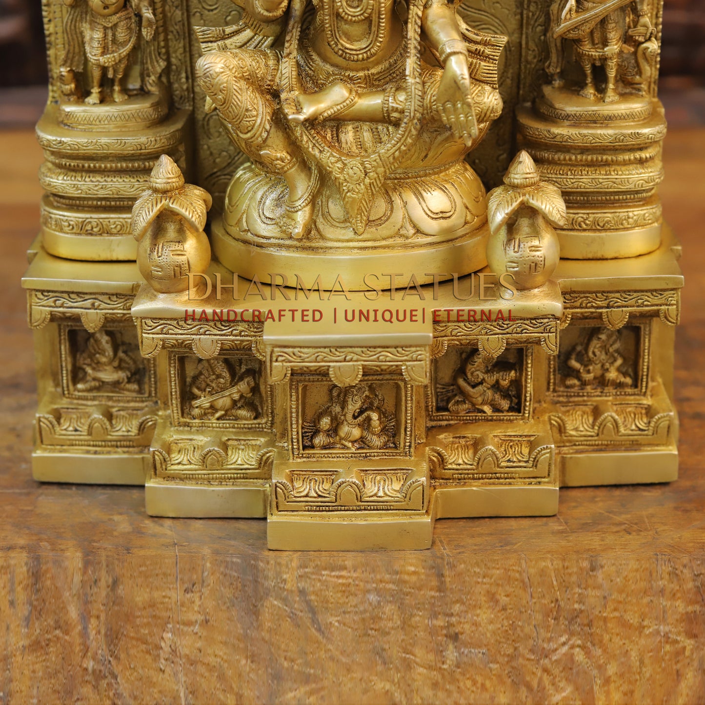 Brass Lakshmi Seated in Temple with Ganesh & Saraswati, Special Gold, 18.5"