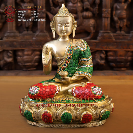 Brass Buddha seated in Blessing Posture, Stonework & Golden Finish, 14"
