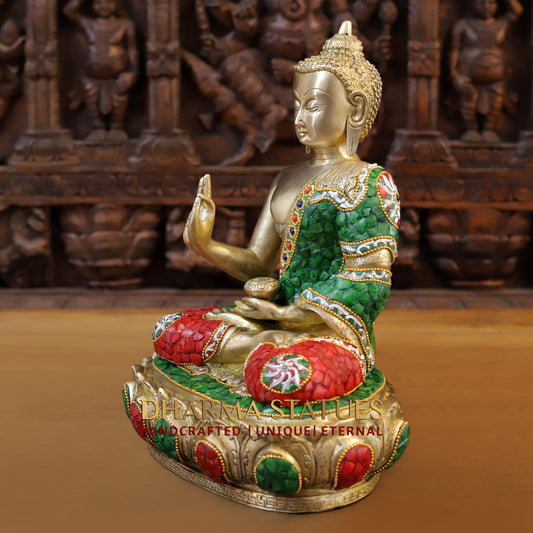 Brass Buddha seated in Blessing Posture, Stonework & Golden Finish, 14"