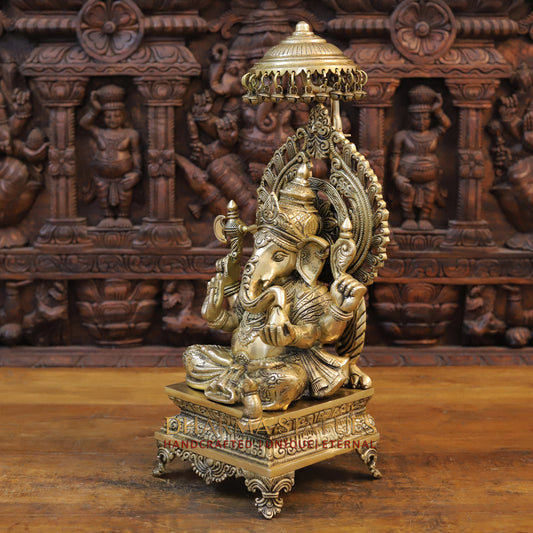 Brass Ganesh Seated on Chowki with Frame, Golden Finish, 20.5"
