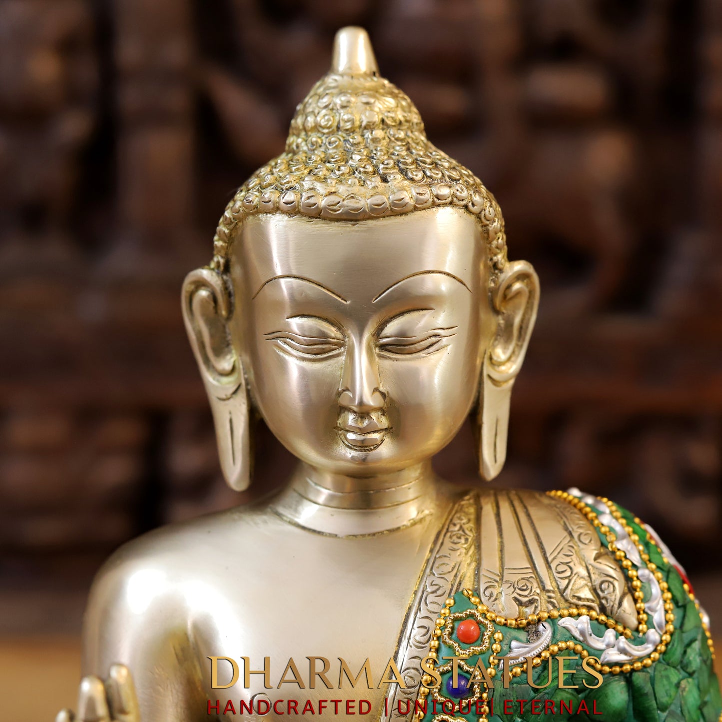Brass Buddha seated in Blessing Posture, Stonework & Golden Finish, 14"