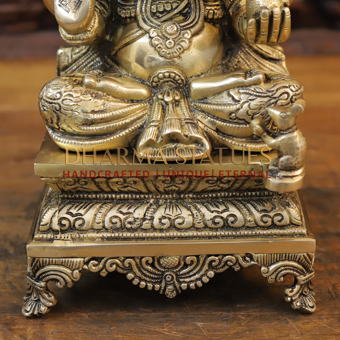 Brass Ganesh Seated on Chowki with Frame, Golden Finish, 20.5"