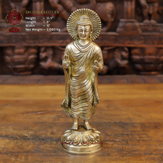 Brass Buddha Standing in Blessing Position, Gold Finish, 11.5"