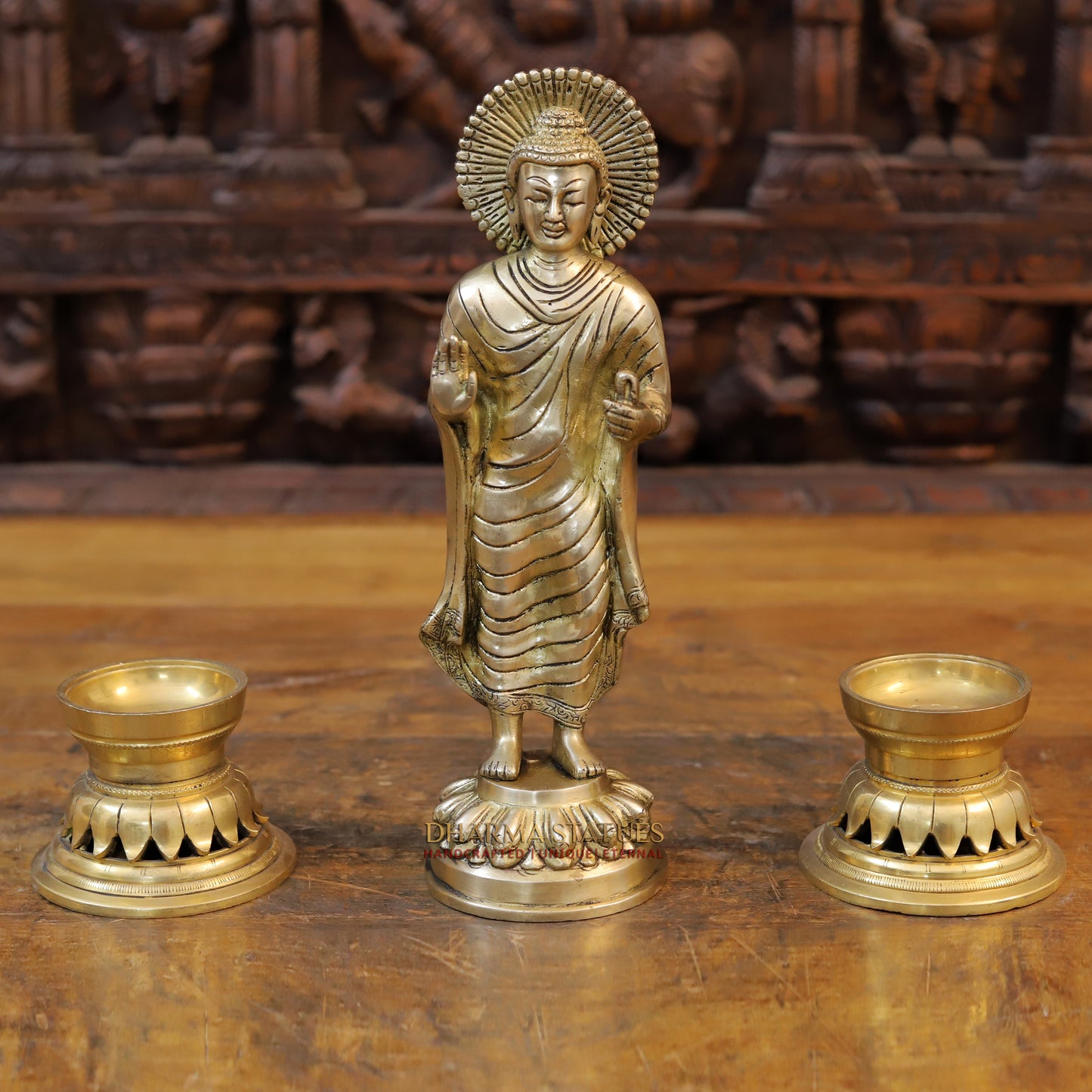 Brass Buddha Standing in Blessing Position, Gold Finish, 11.5"