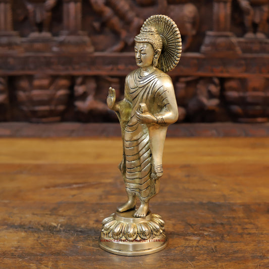 Brass Buddha Standing in Blessing Position, Gold Finish, 11.5"