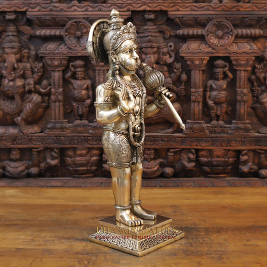 Brass Hanuman Standing in Blessing Position, Fine Gold Finish, 22.5"