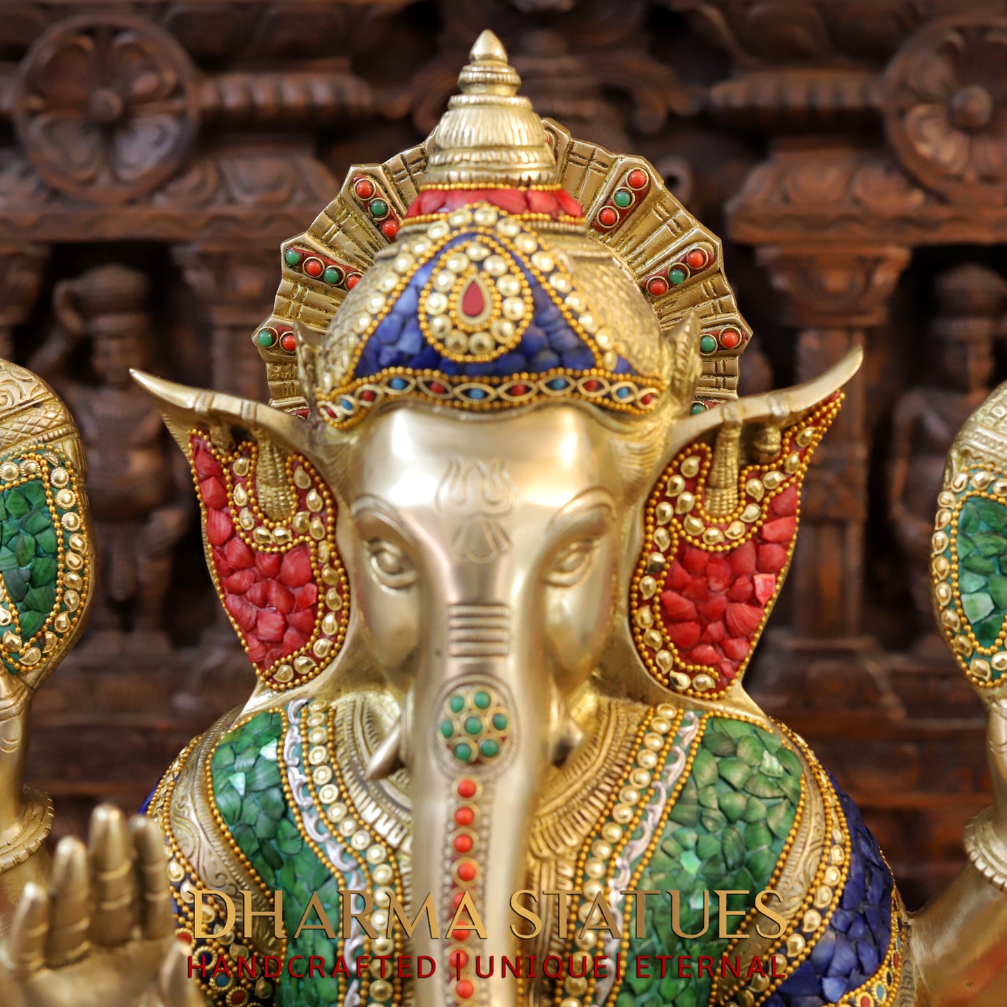 Brass Ganesh seated in Blessing Posture, Stonework & Golden Finish, 20.5"