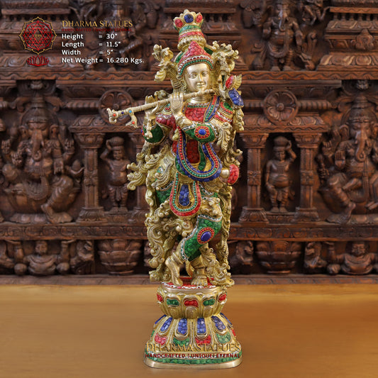 Brass Krishna Playing Flute, Stonework & Golden Finish, 30"