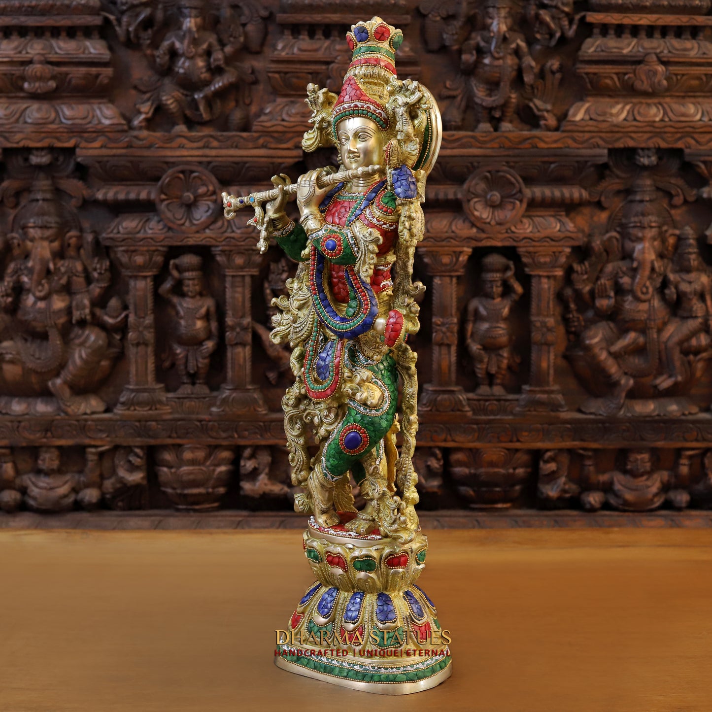 Brass Krishna Playing Flute, Stonework & Golden Finish, 30"