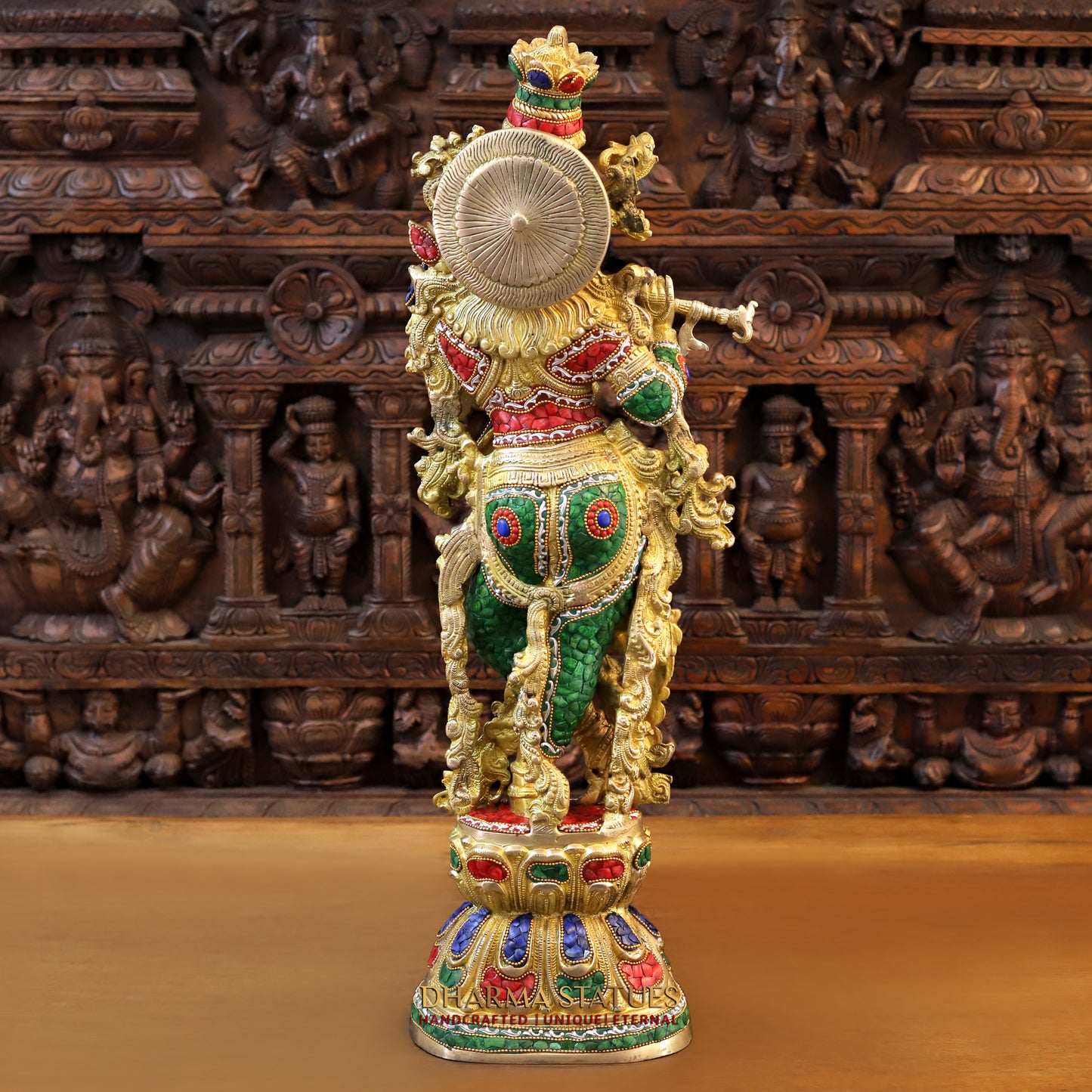 Brass Krishna Playing Flute, Stonework & Golden Finish, 30"