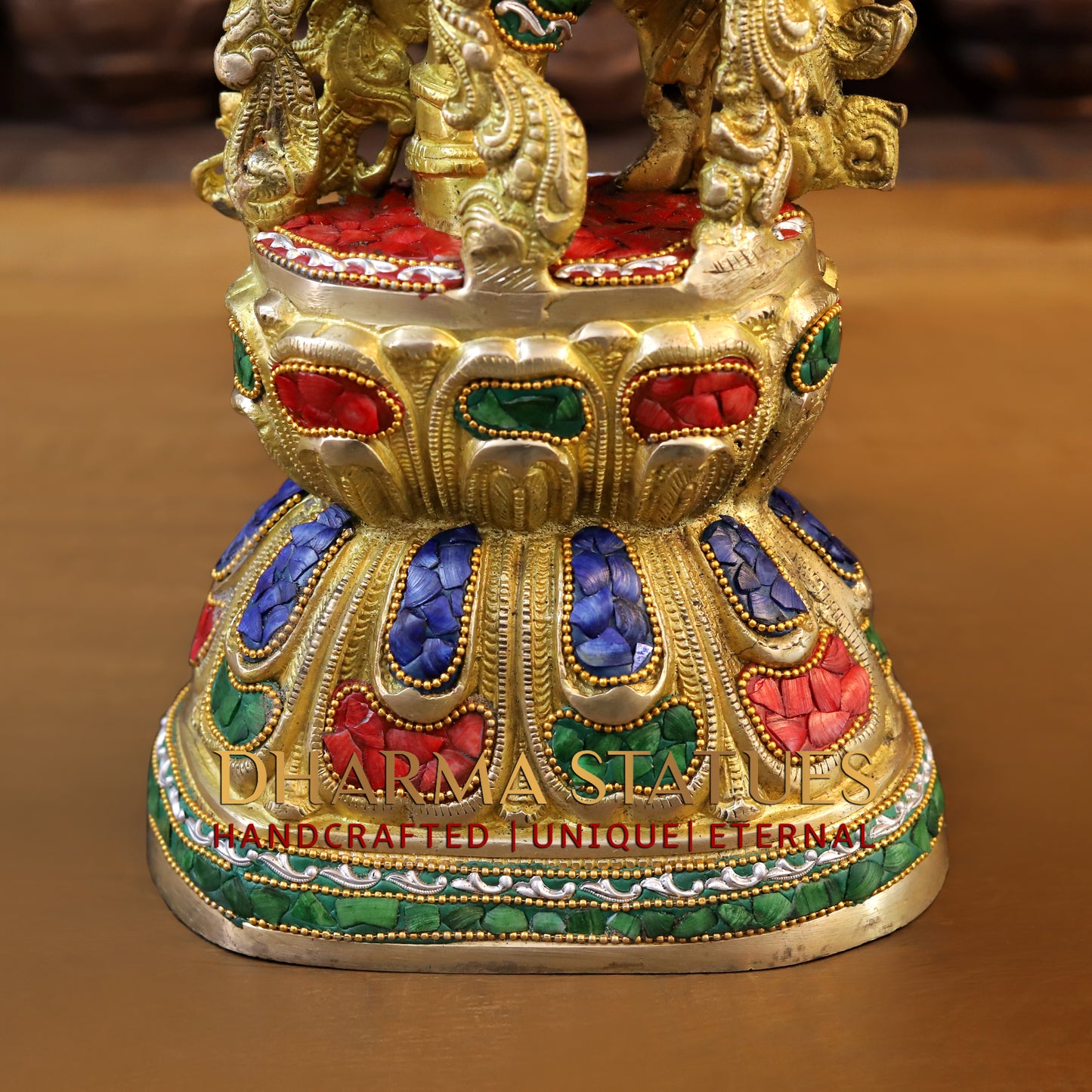 Brass Krishna Playing Flute, Stonework & Golden Finish, 30"