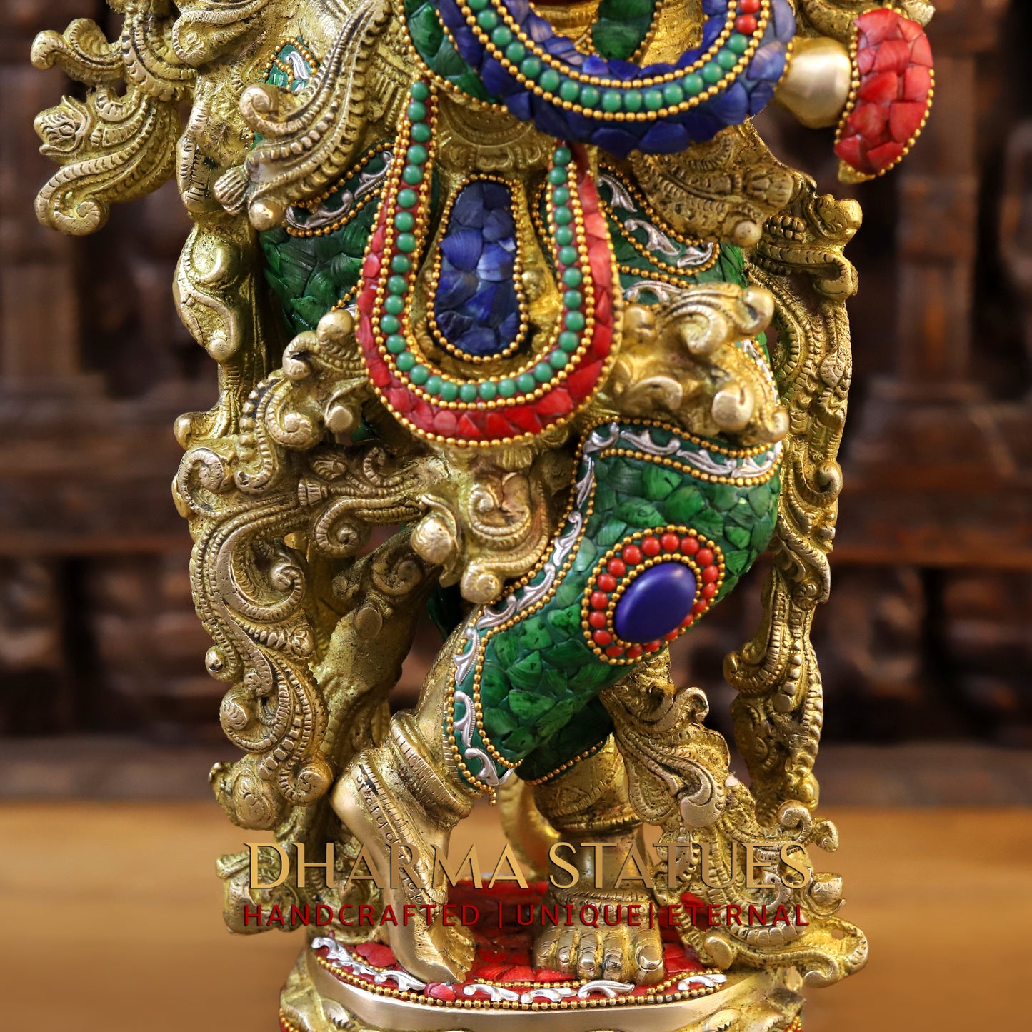 Brass Krishna Playing Flute, Stonework & Golden Finish, 30"