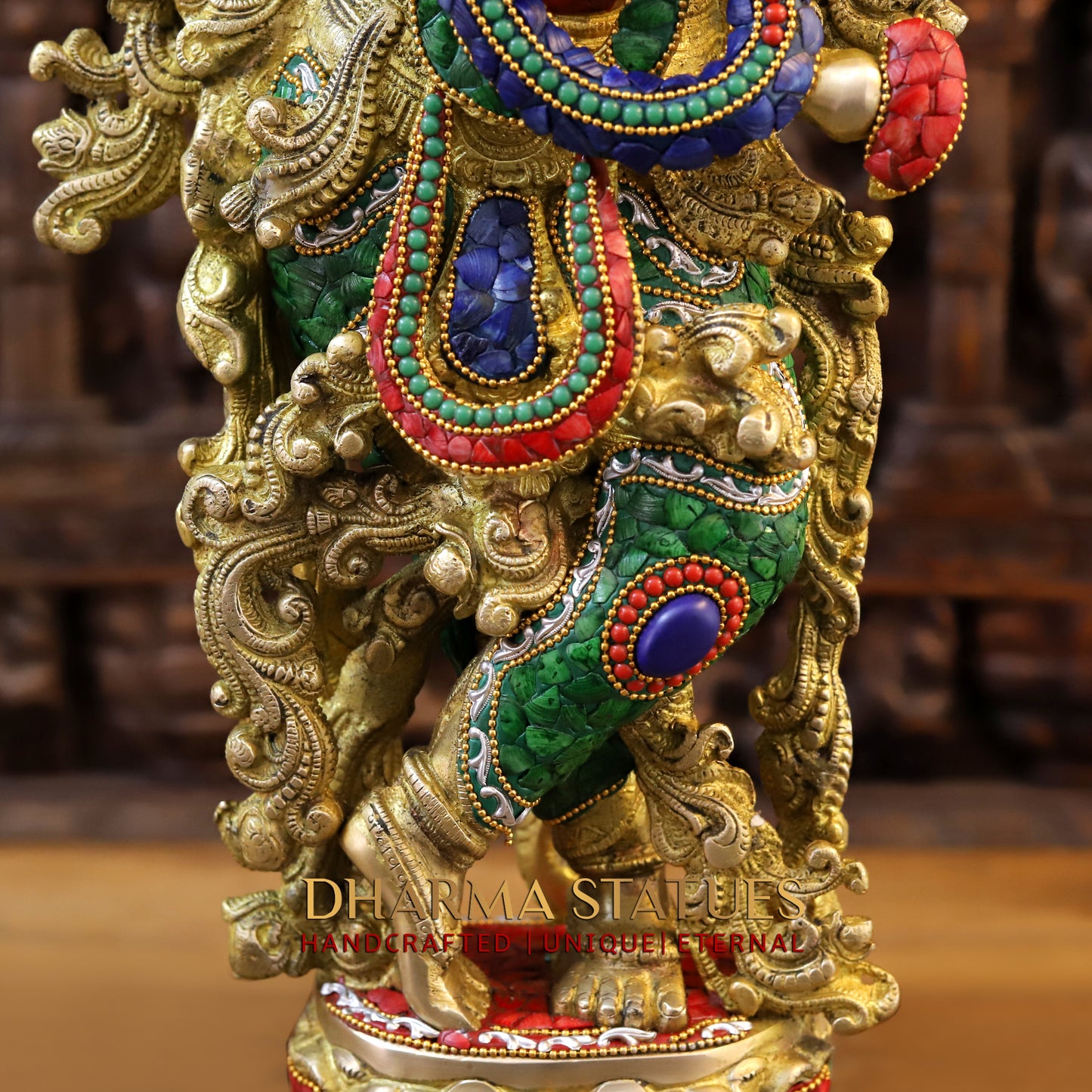 Brass Krishna Playing Flute, Stonework & Golden Finish, 30"