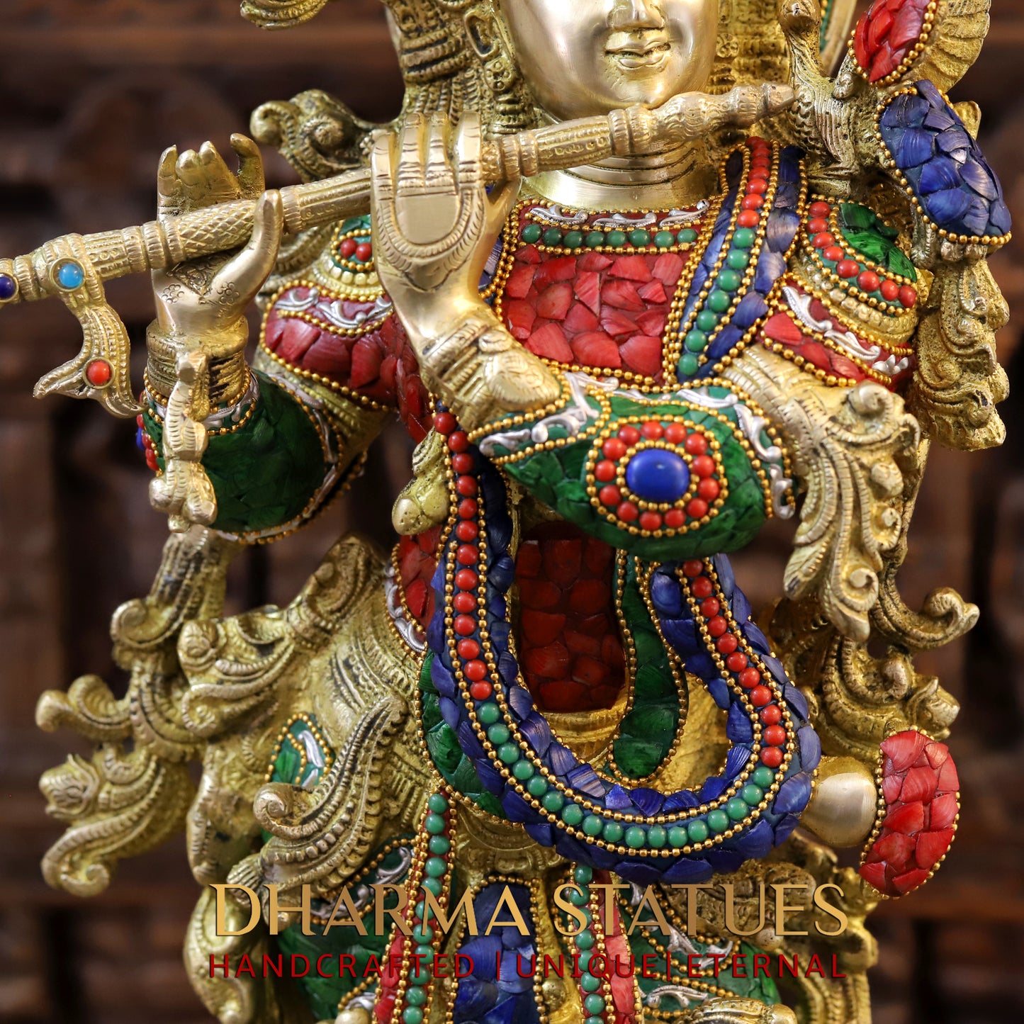 Brass Krishna Playing Flute, Stonework & Golden Finish, 30"