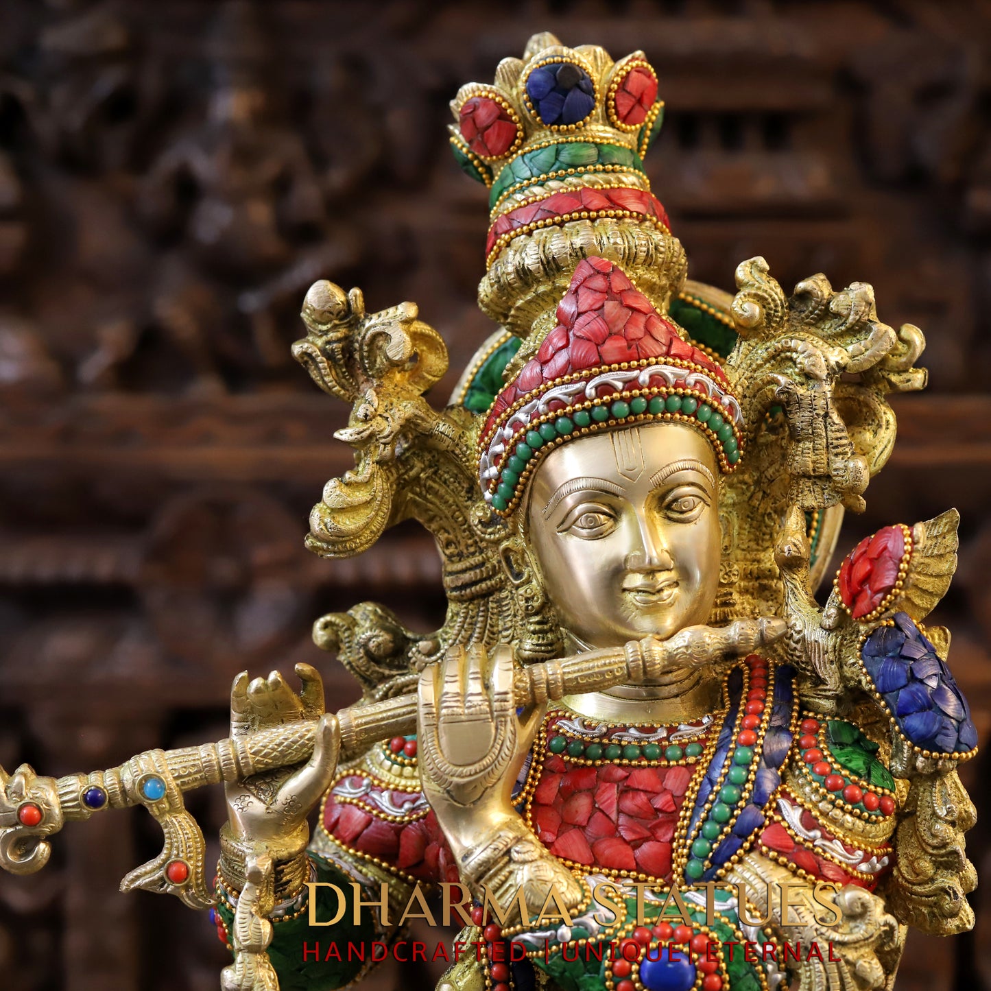 Brass Krishna Playing Flute, Stonework & Golden Finish, 30"