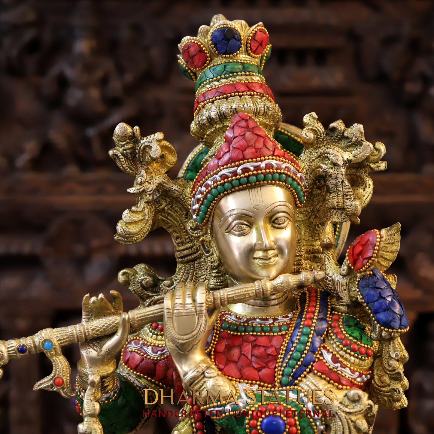 Brass Krishna Playing Flute, Stonework & Golden Finish, 30"