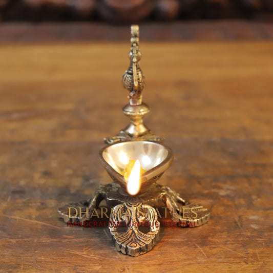 Brass Oil Lamp with Peacock, Golden Finish, 5.5"