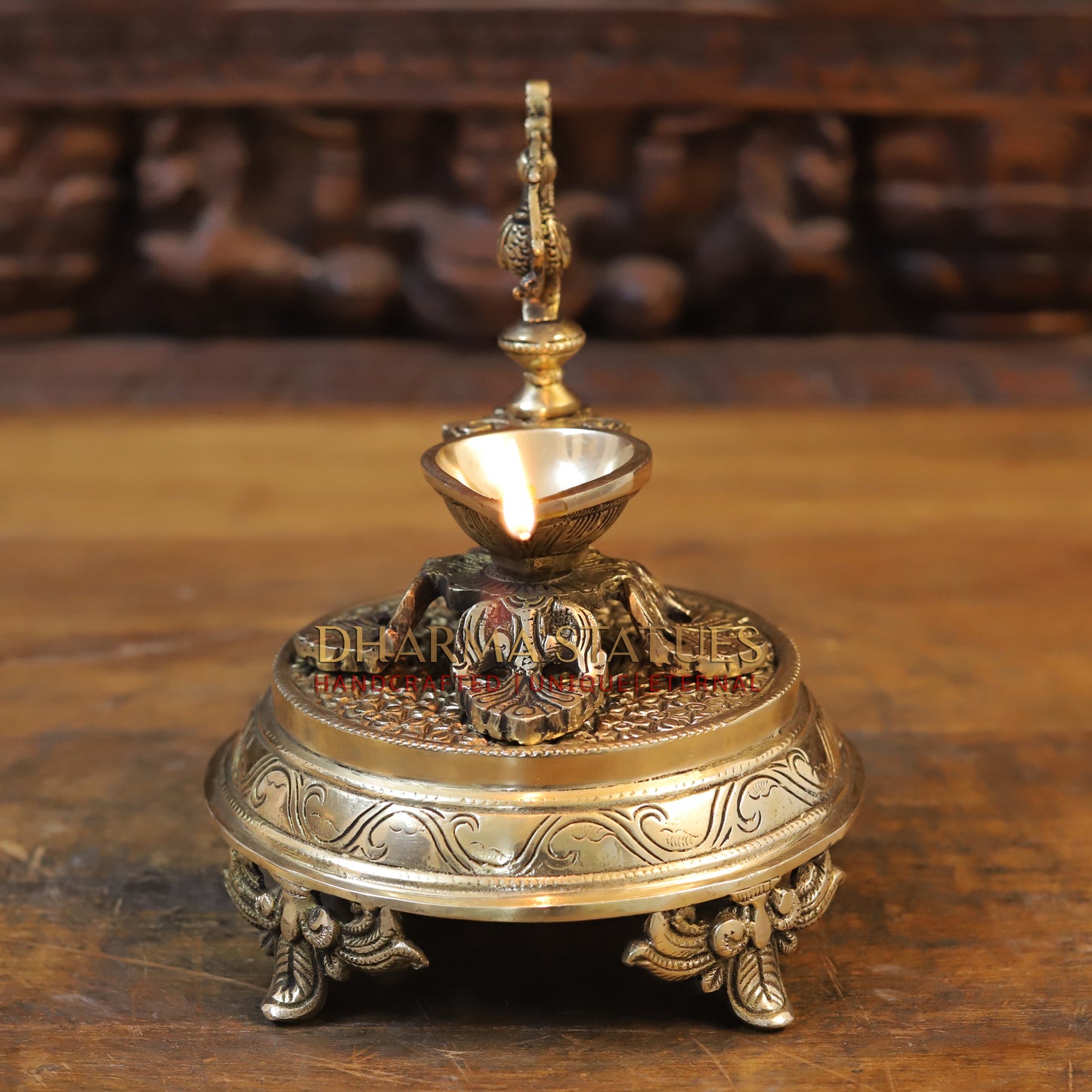 Brass Oil Lamp with Peacock, Golden Finish, 5.5"