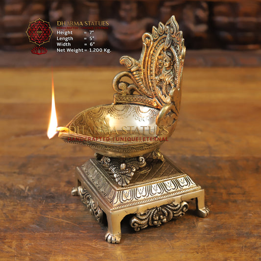 Brass Mahalakshmi Diya, Golden Finish, 7"