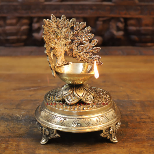 Brass Tree With Diya, Golden Finish, 6.5"