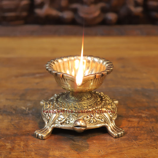 Brass Tortoise Diya, Fine Golden Finish, 4"