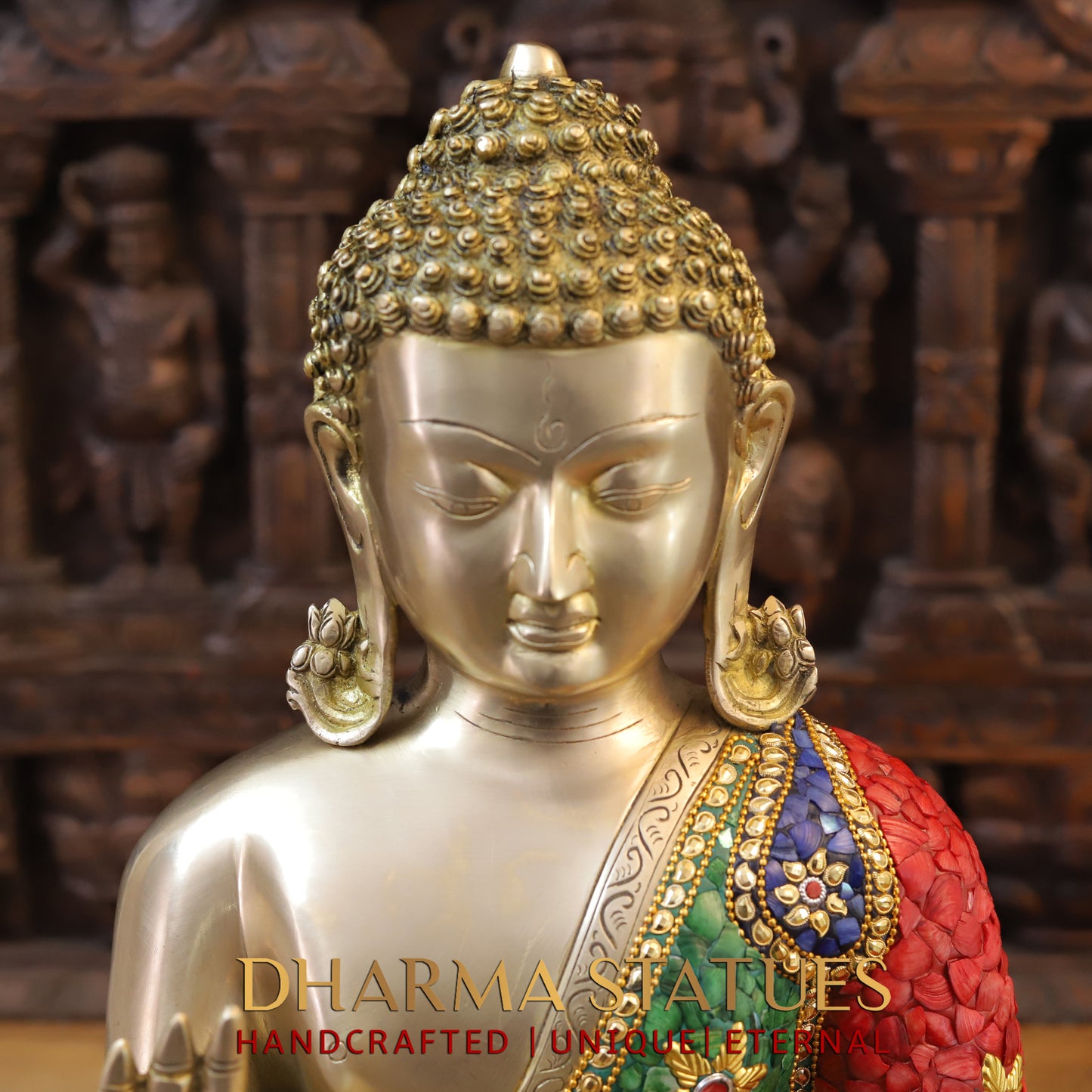 Brass Buddha seated in Blessing Posture, Stonework & Golden Finish, 20"