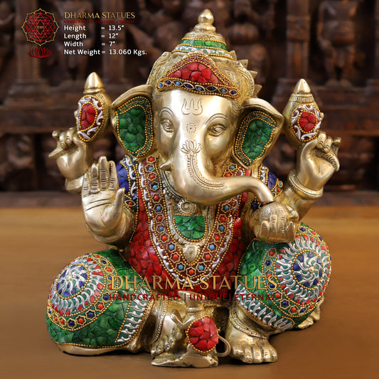 Brass Ganesh seated in Blessing Posture, Stonework & Golden Finish, 13.5"