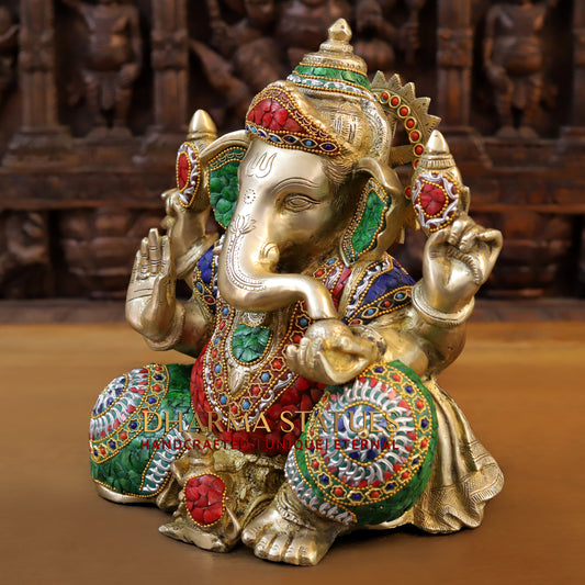 Brass Ganesh seated in Blessing Posture, Stonework & Golden Finish, 13.5"