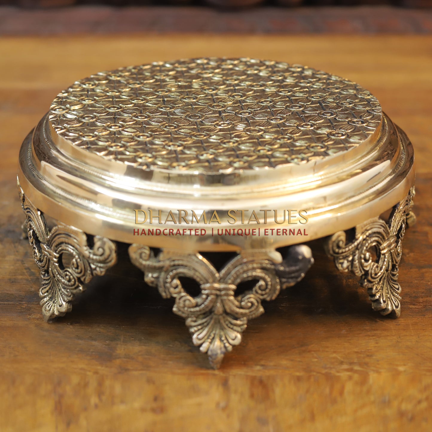 Brass Chowki for Pooja, Golden Finish, 4.5"