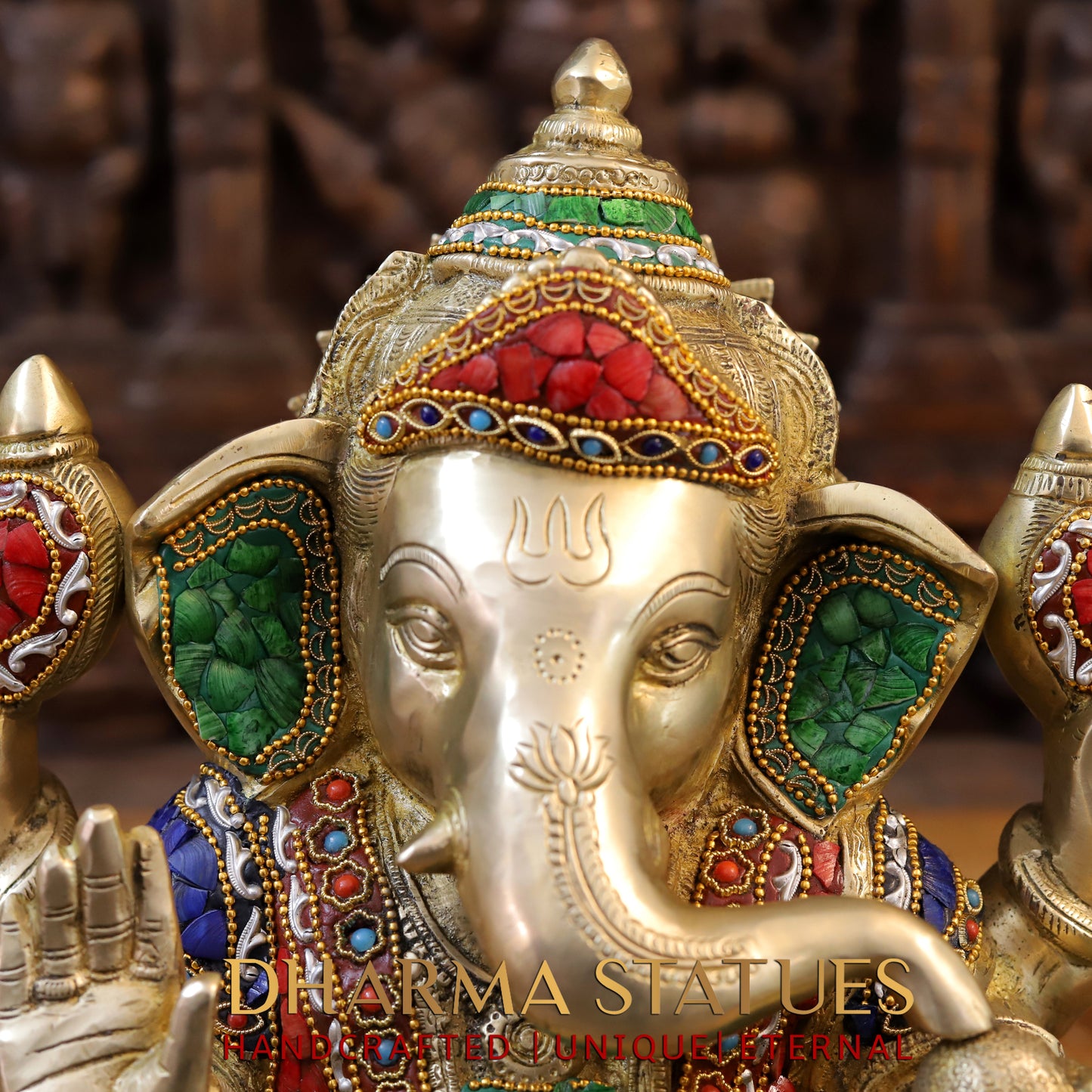 Brass Ganesh seated in Blessing Posture, Stonework & Golden Finish, 13.5"
