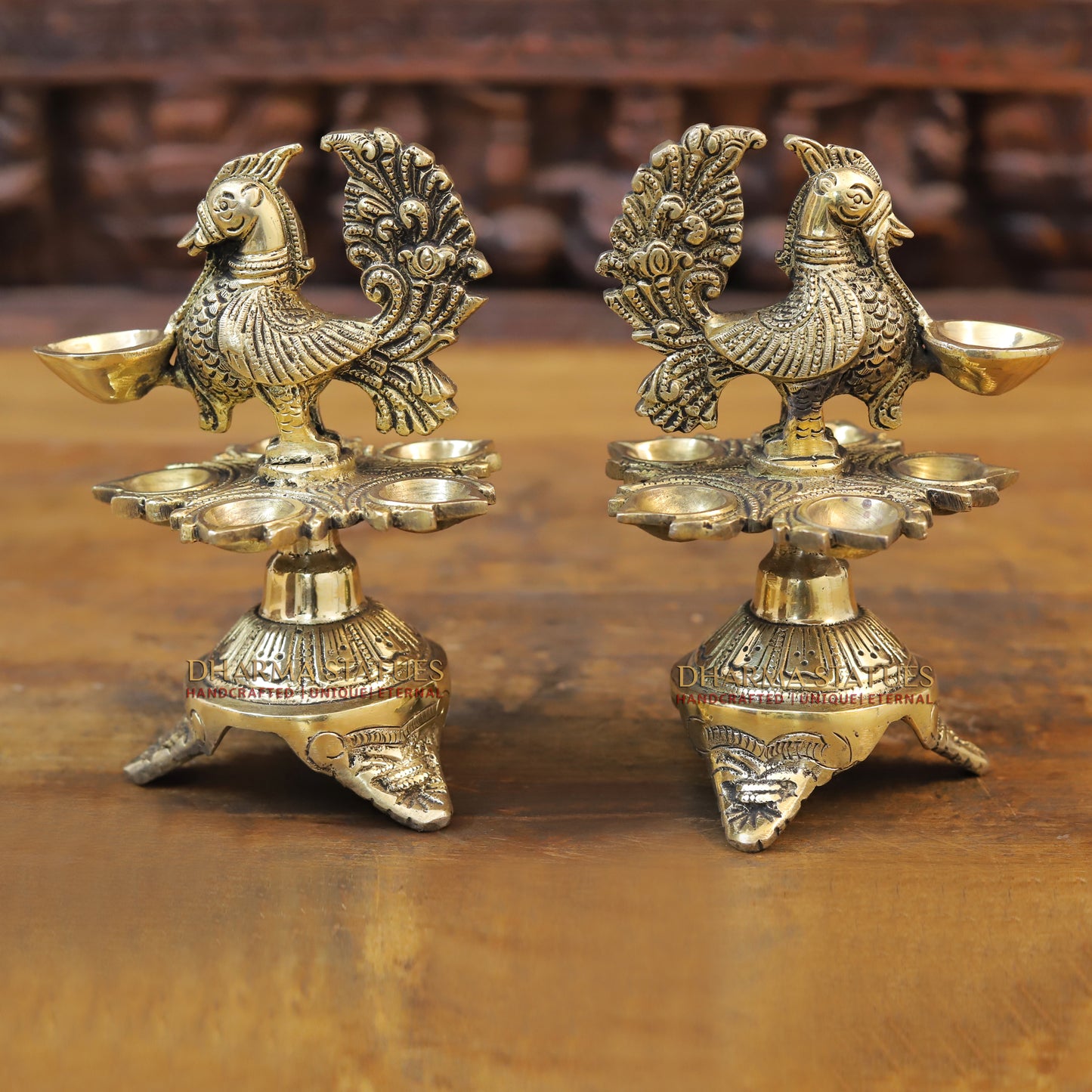 Brass Peacock Oil Lamp, Golden Finish, 7.5"