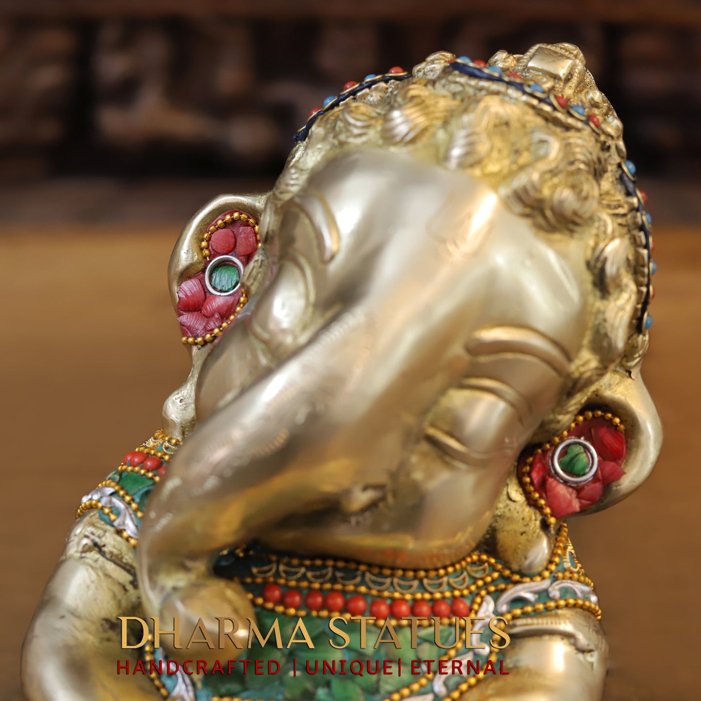 Brass Baby Ganesh seated, Stonework & Golden Finish, 9"