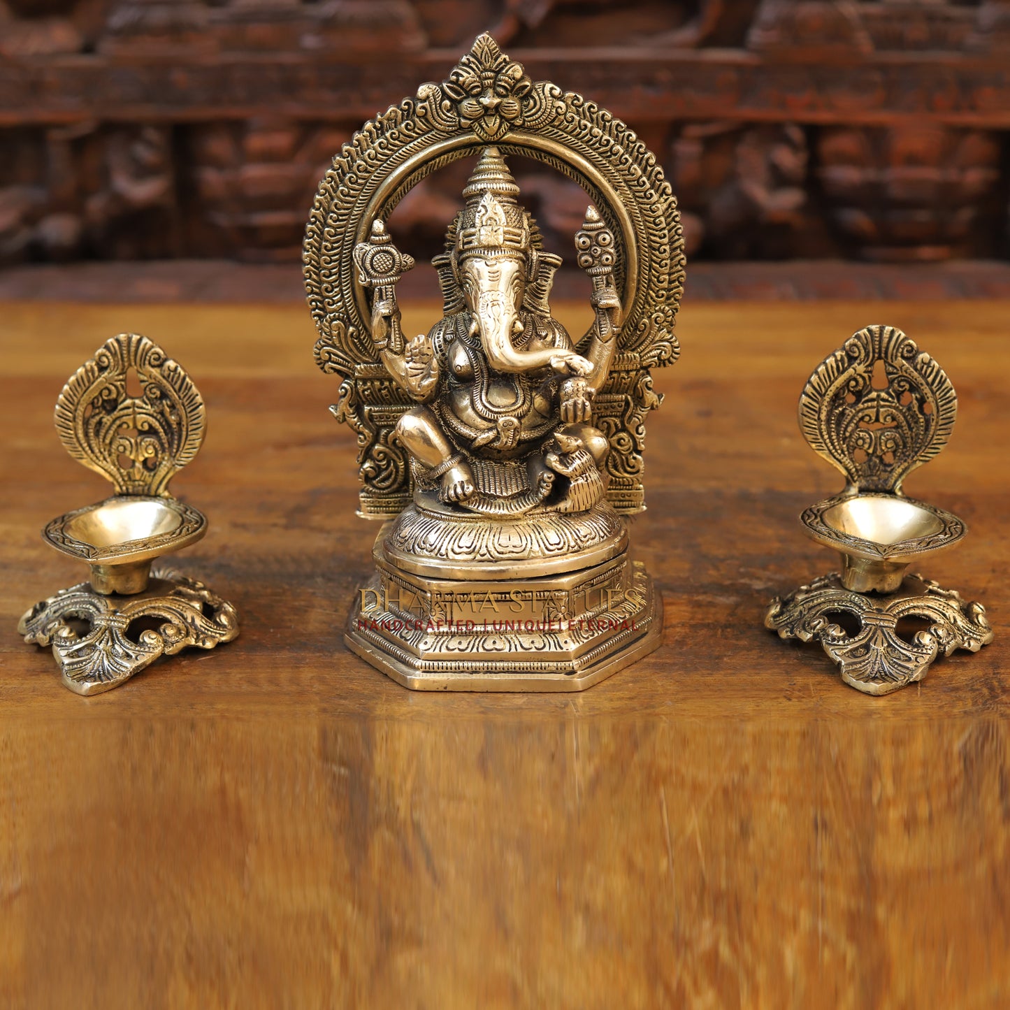 Brass Ganesh seated with Frame, Golden Finish, 10"