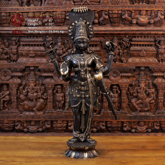 Brass Vishnu standing on Lotus with Sheshnag, Black Patina & Golden Finish, 41"
