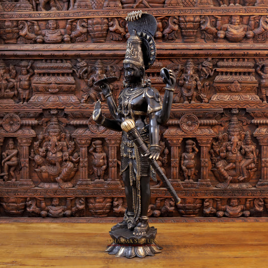 Brass Vishnu standing on Lotus with Sheshnag, Black Patina & Golden Finish, 41"