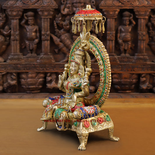 Brass Lakshmi seated on Throne, Stonework & Golden Finish, 18"