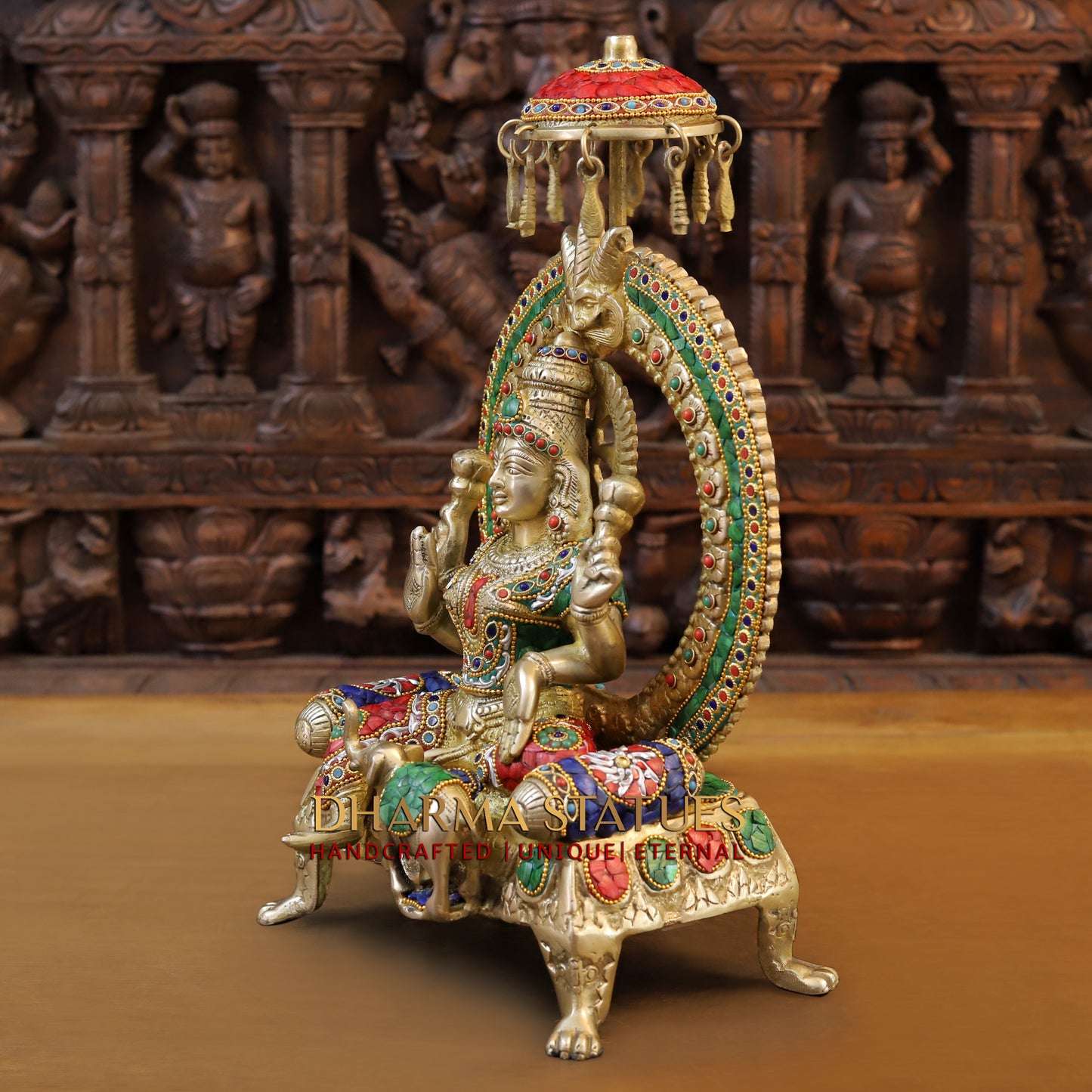 Brass Ganesh & Lakshmi seated on Throne, Stonework & Golden Finish, 18"