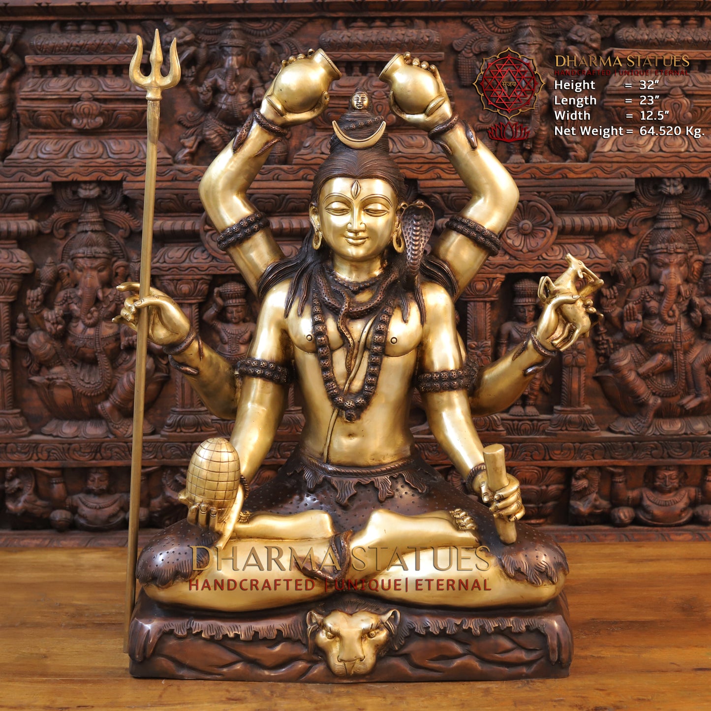 Brass Lord Shiva Mrityunjaya – Supreme Power of Conquering Death and Suffering, Golden & Copper Finish, 32"