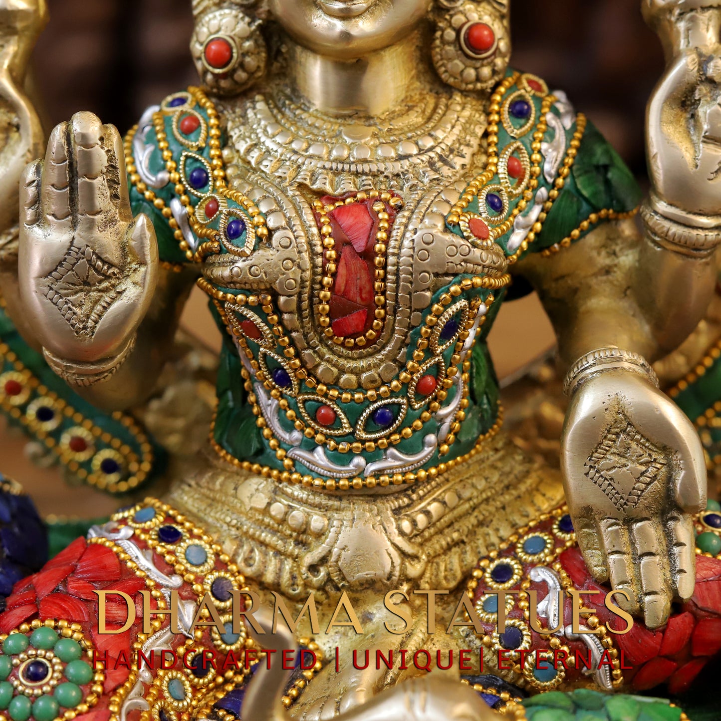 Brass Ganesh & Lakshmi seated on Throne, Stonework & Golden Finish, 18"