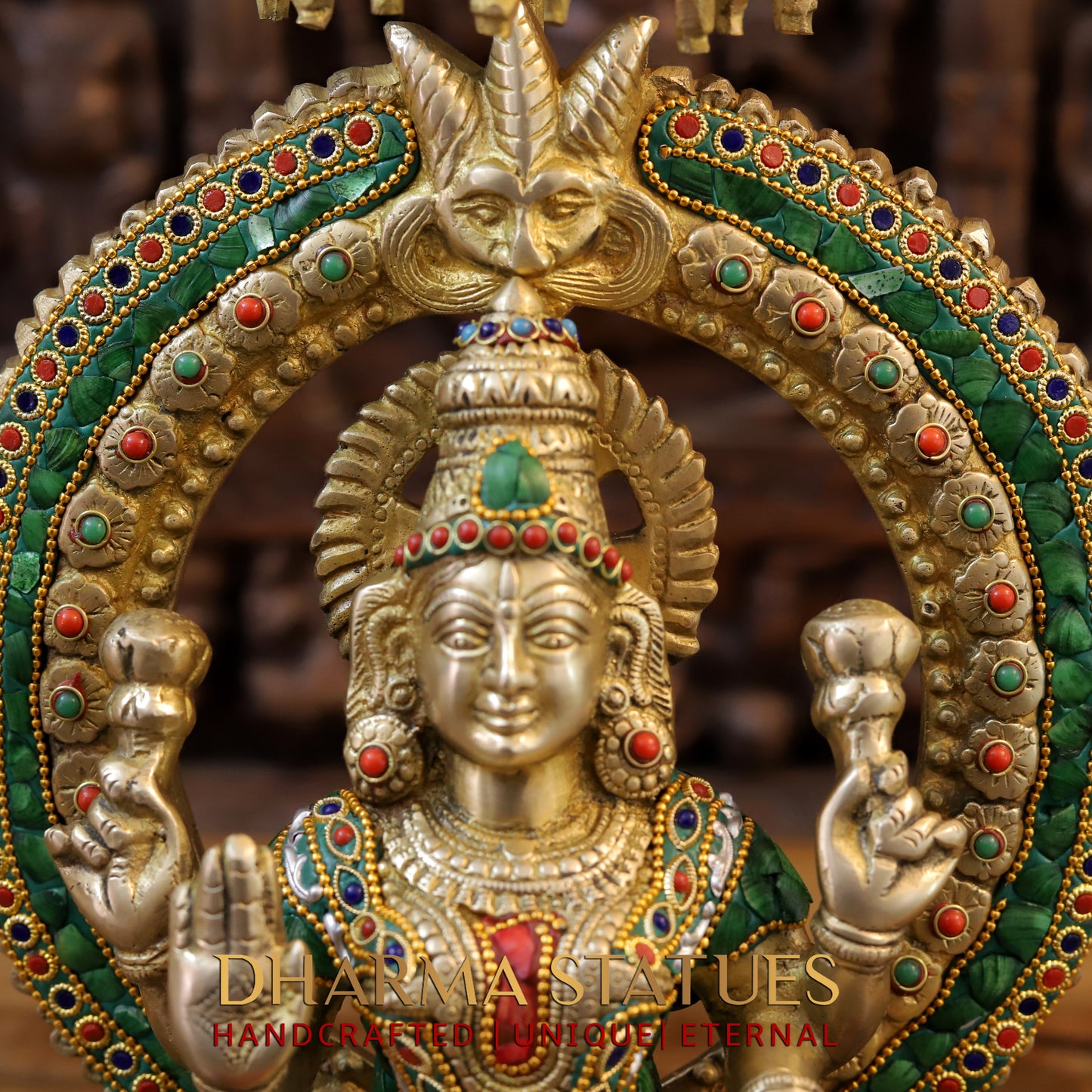 Brass Ganesh & Lakshmi seated on Throne, Stonework & Golden Finish, 18"