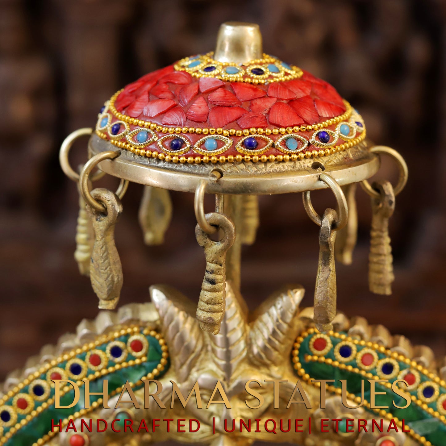 Brass Lakshmi seated on Throne, Stonework & Golden Finish, 18"