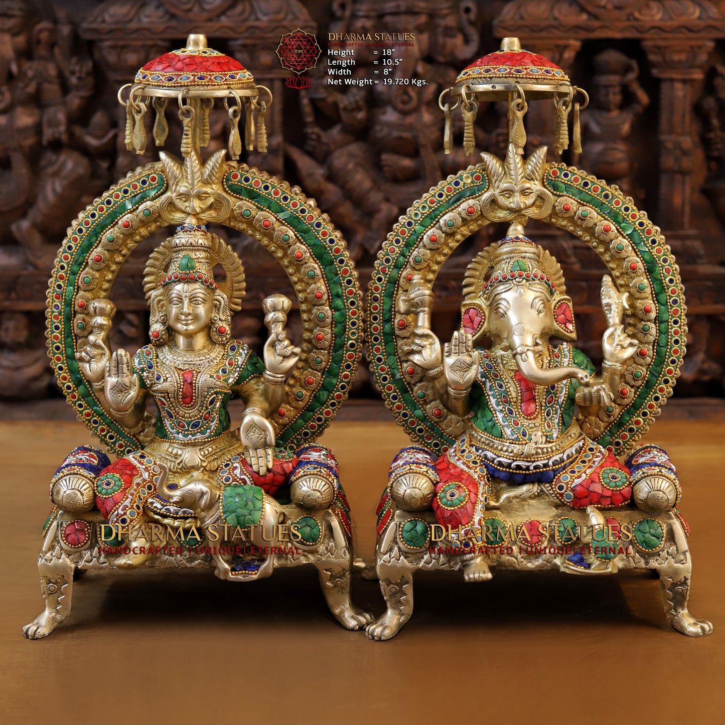 Brass Ganesh & Lakshmi seated on Throne, Stonework & Golden Finish, 18"