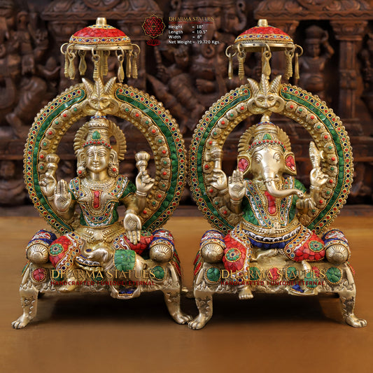 Brass Ganesh & Lakshmi seated on Throne, Stonework & Golden Finish, 18"