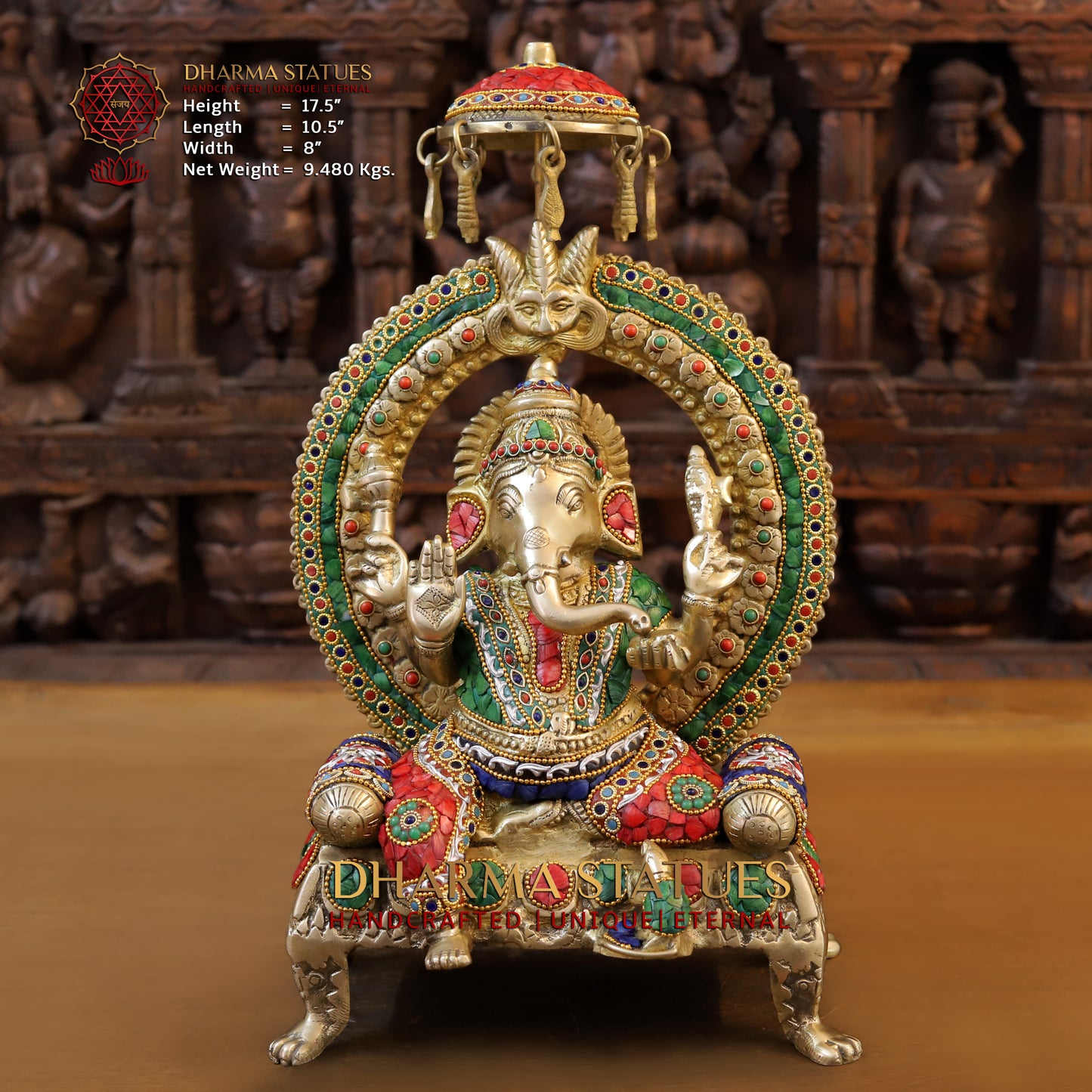 Brass Ganesh seated on Throne, Stonework & Golden, 17.5"