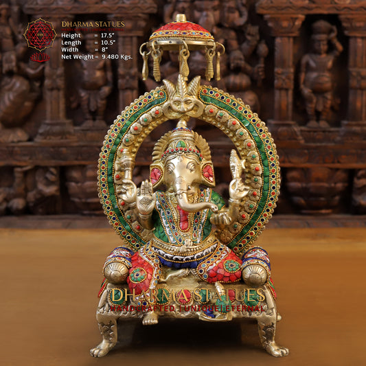 Brass Ganesh seated on Throne, Stonework & Golden, 17.5"