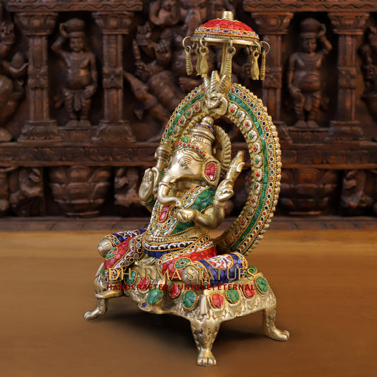 Brass Ganesh seated on Throne, Stonework & Golden, 17.5"